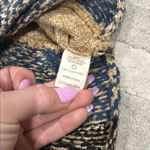 Hem & Thread Tan and Blue Cowl Neck Sweater with Textured Stripes - Picture 3 of 3